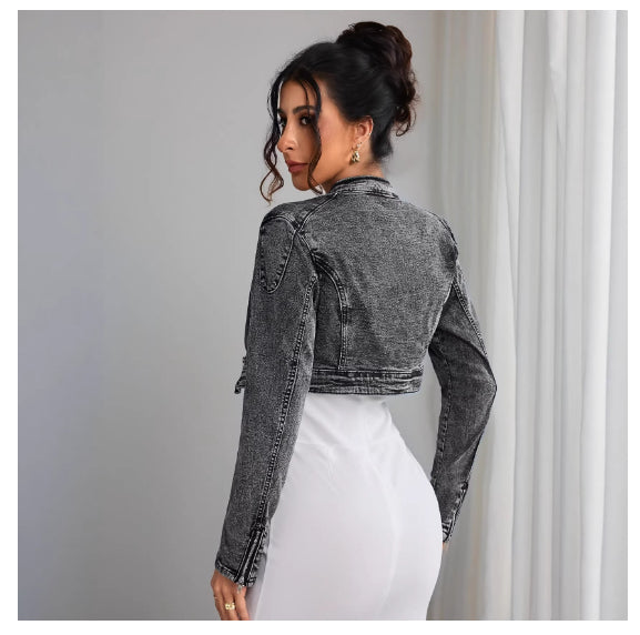 Cropped Denim Biker Jacket