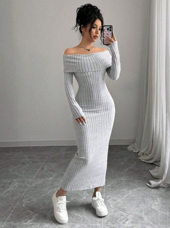 Off-Shoulder Ribbed Knit Maxi Dress
