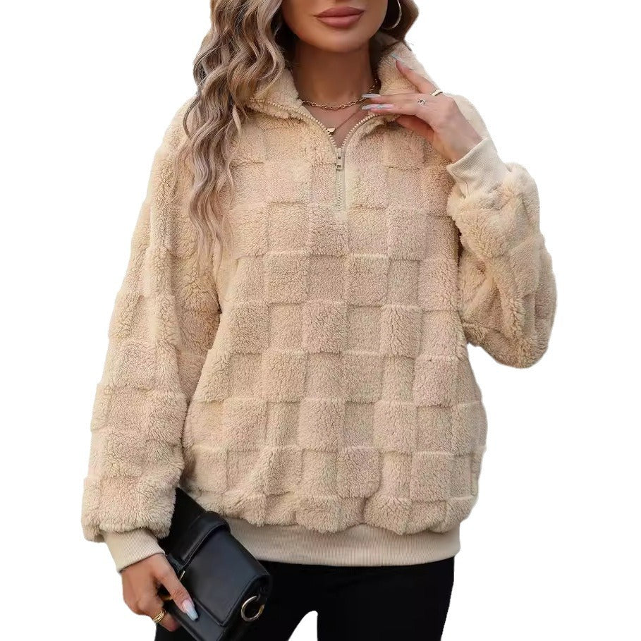 Checkered Quarter Zip Teddy Fleece