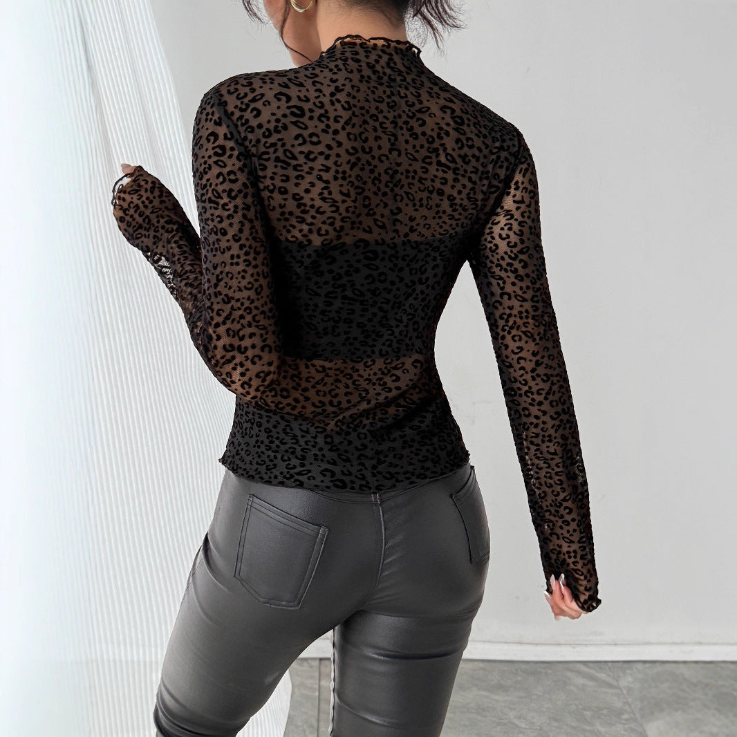 Casual Leopard Print Mesh Long-sleeve Top