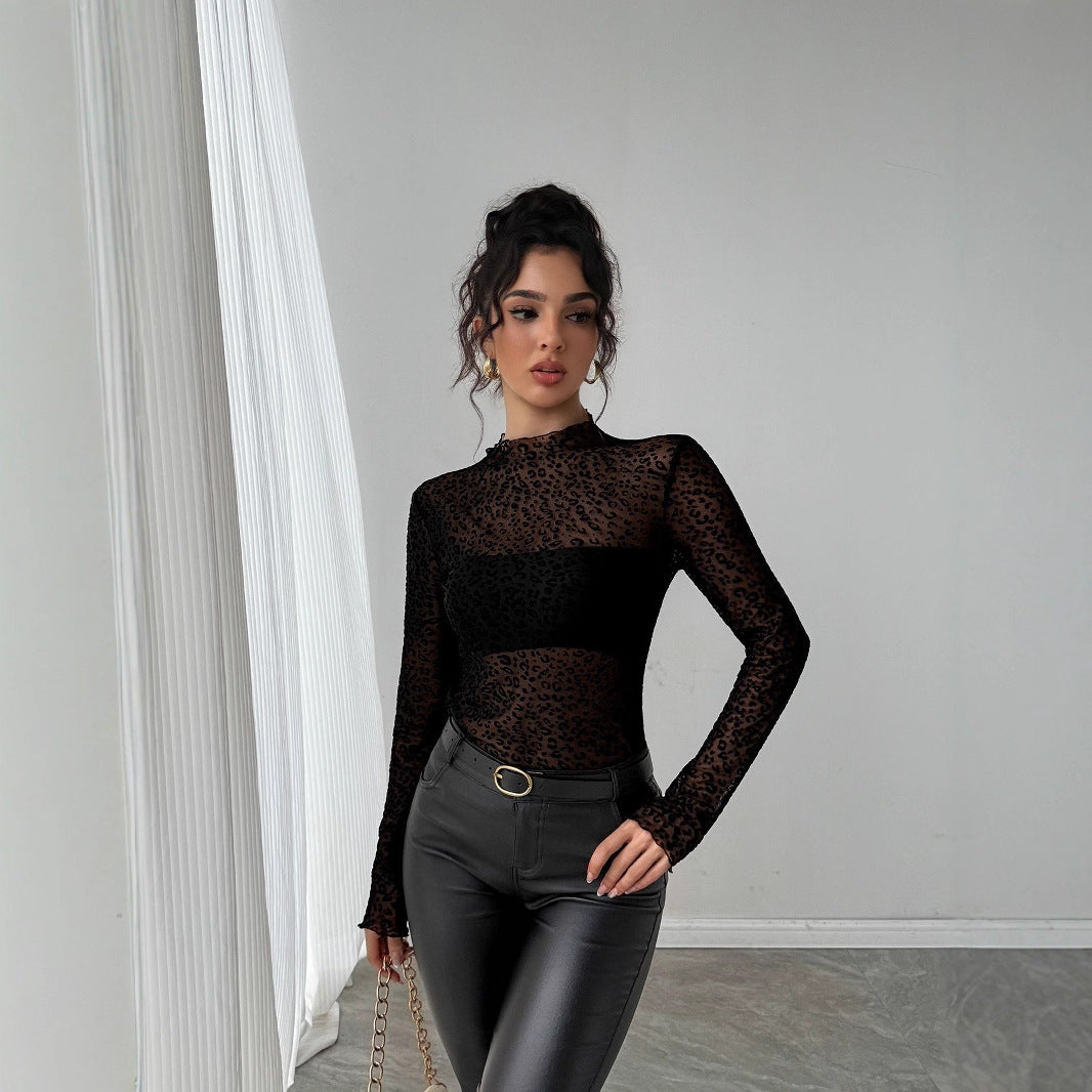 Casual Leopard Print Mesh Long-sleeve Top