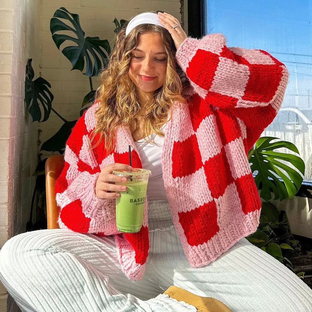 Casual Checkered Style Heavy Knit Cardigan