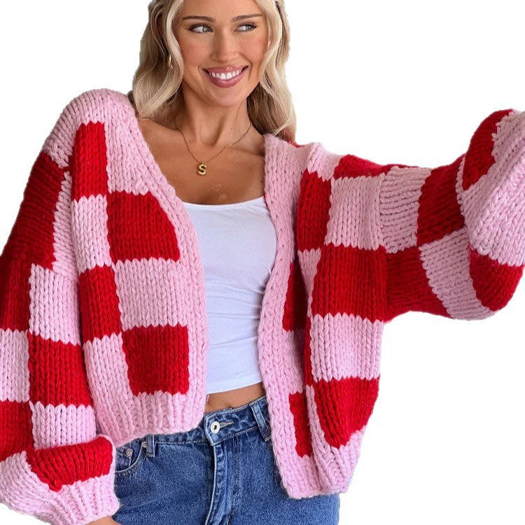 Casual Checkered Style Heavy Knit Cardigan