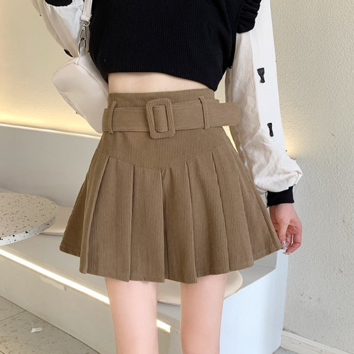 Casual Corduroy Belted Skirt