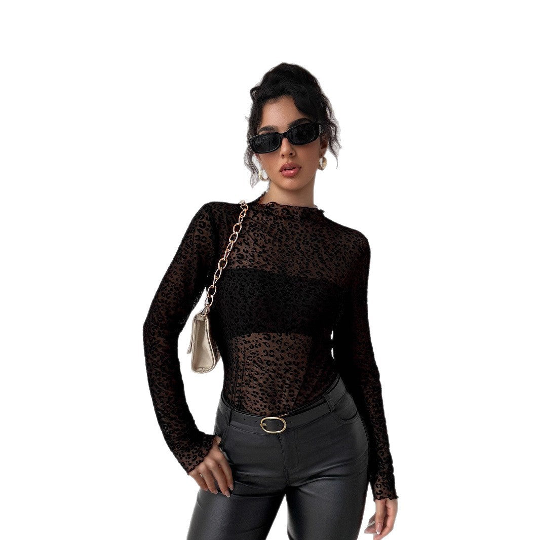 Casual Leopard Print Mesh Long-sleeve Top