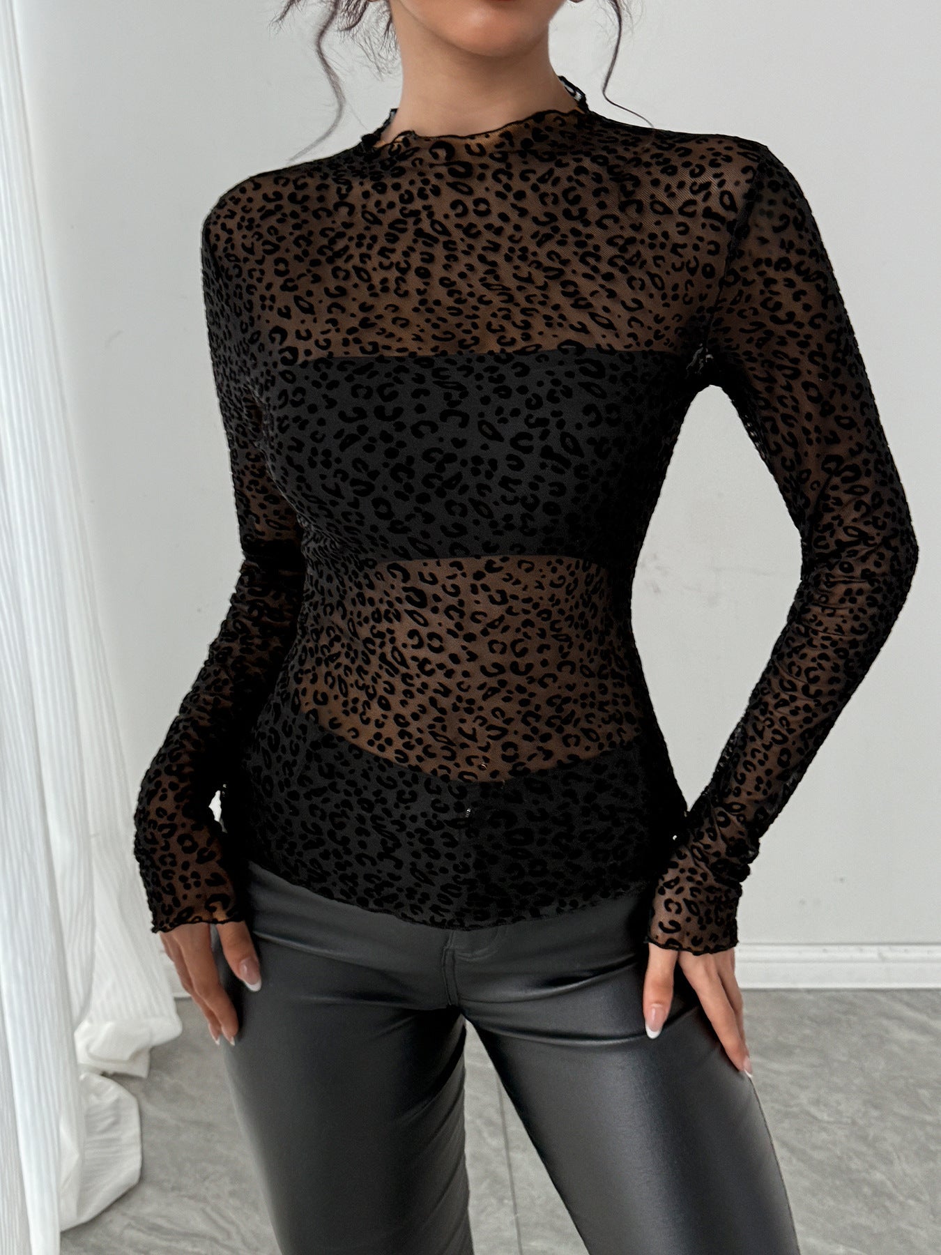 Casual Leopard Print Mesh Long-sleeve Top