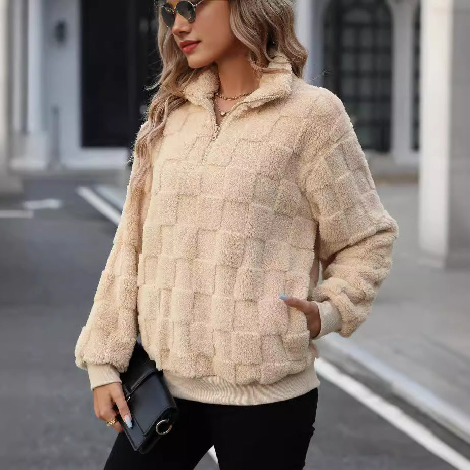 Checkered Quarter Zip Teddy Fleece