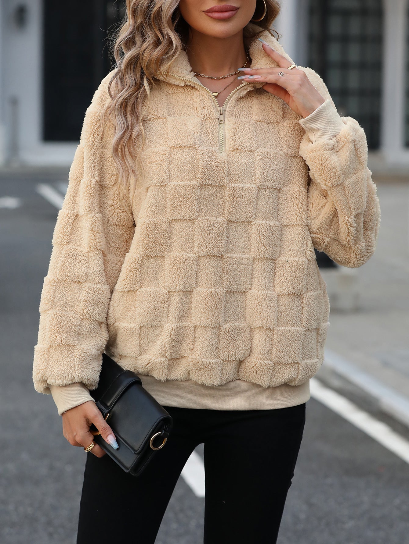 Checkered Quarter Zip Teddy Fleece
