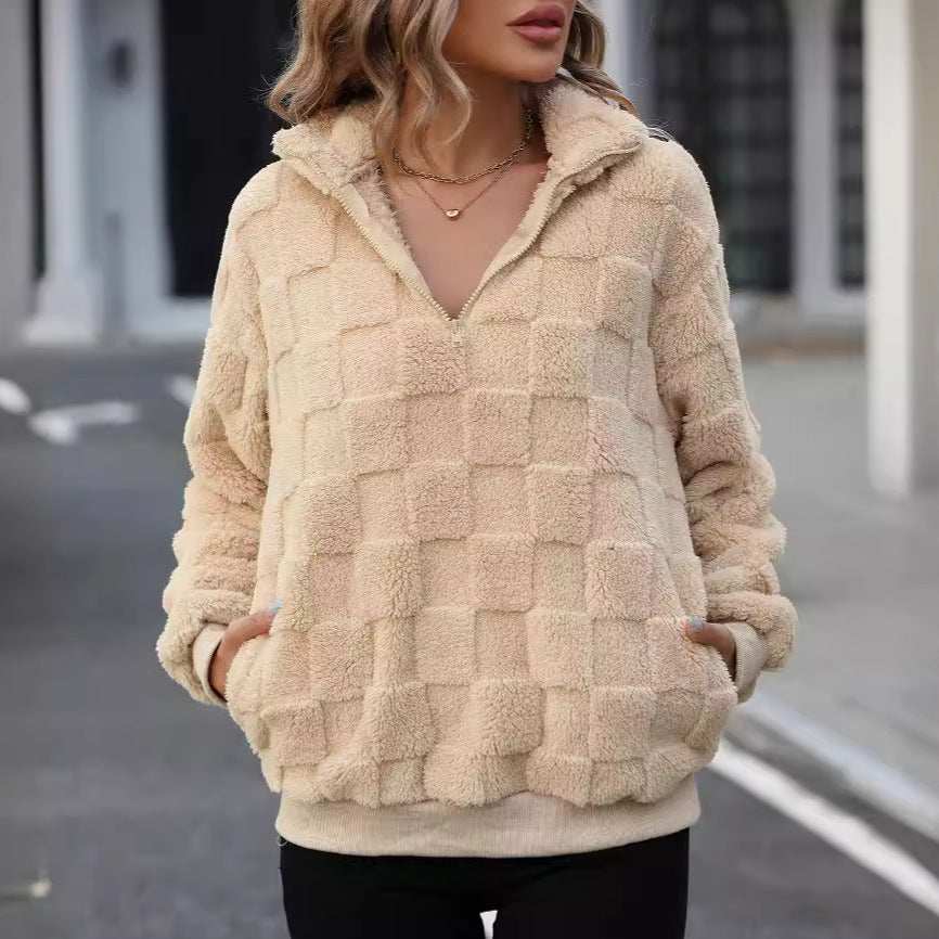 Checkered Quarter Zip Teddy Fleece