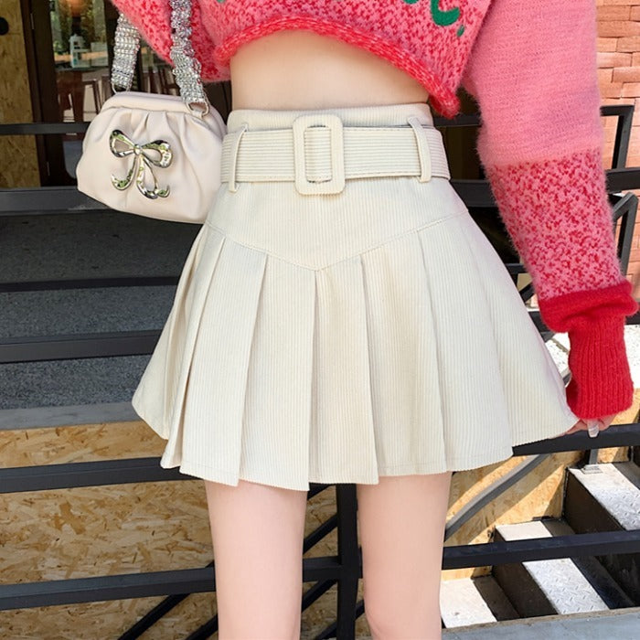 Casual Corduroy Belted Skirt