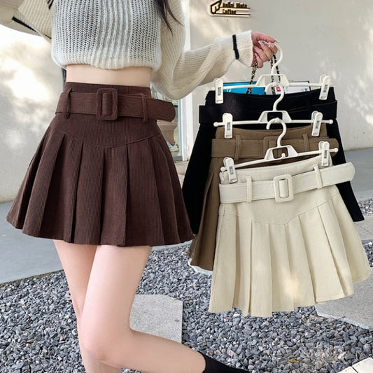 Casual Corduroy Belted Skirt