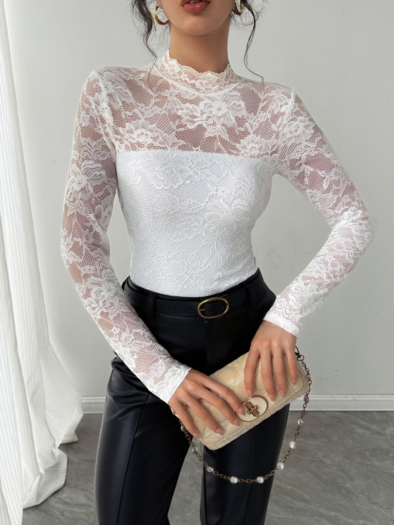 Embroidered Floral Pattern Long-sleeve Net Top