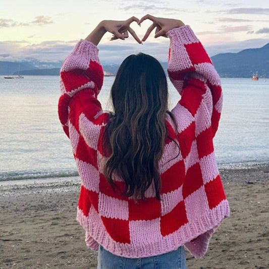 Casual Checkered Style Heavy Knit Cardigan